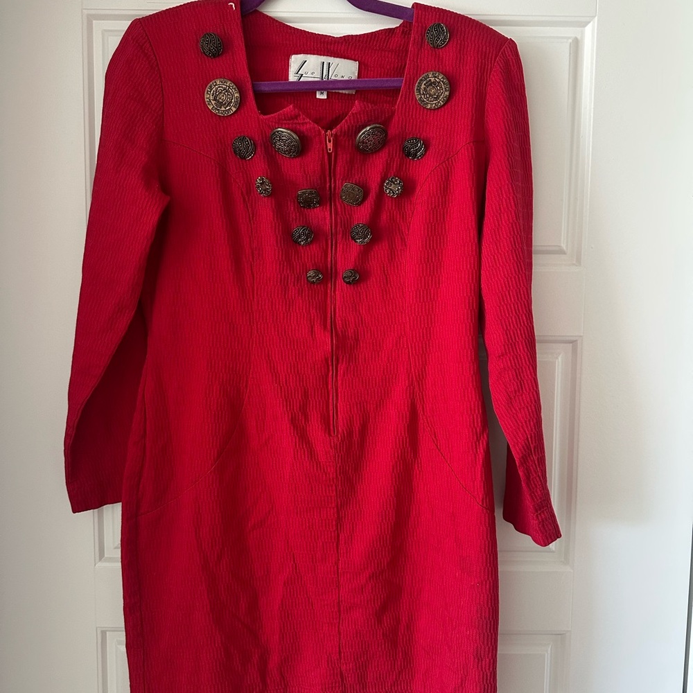 Sue Wong Red Long Sleeve Dress with Button Accents